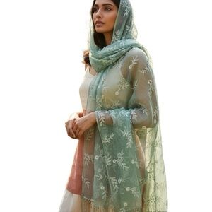 Frangi 100% Silk Green Embroidered Fringe Beaded Scarf